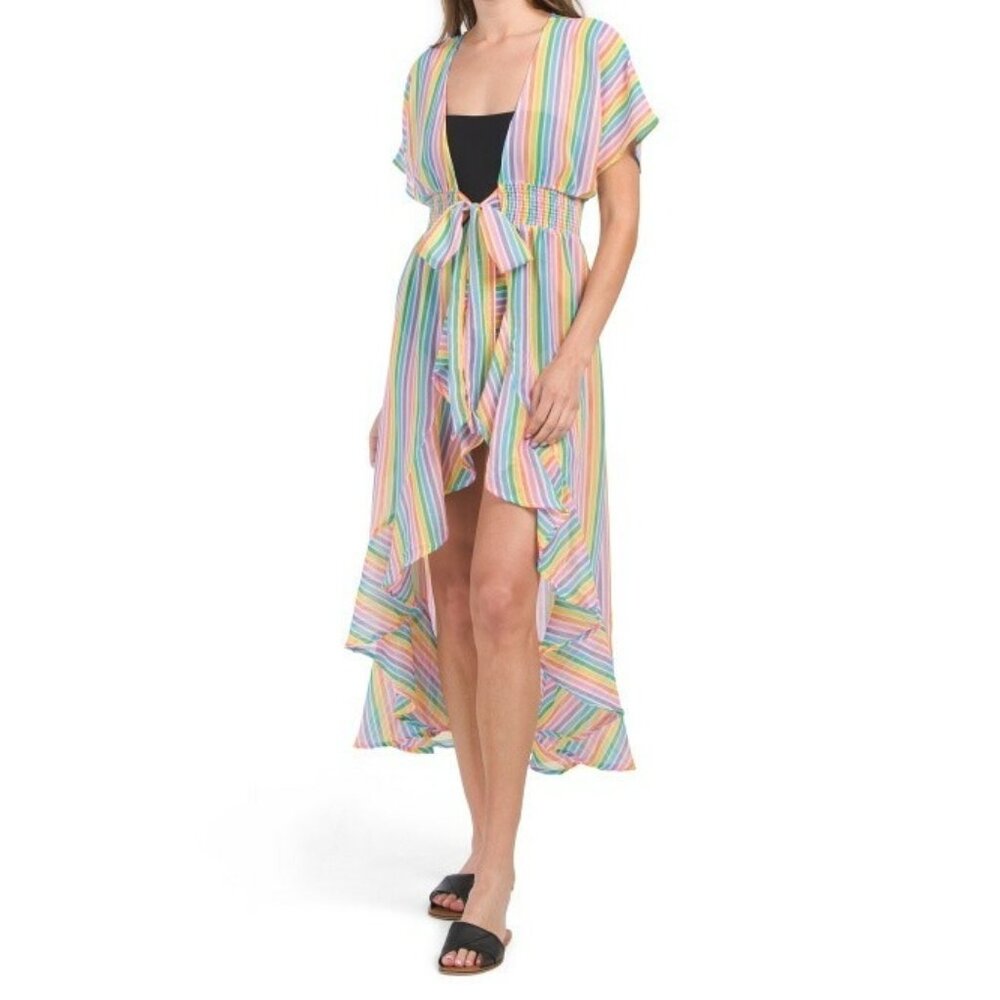 America & Beyond Rainbow Stripe Beach Cover Up NWT hi-lo hem, tie close, ruffles